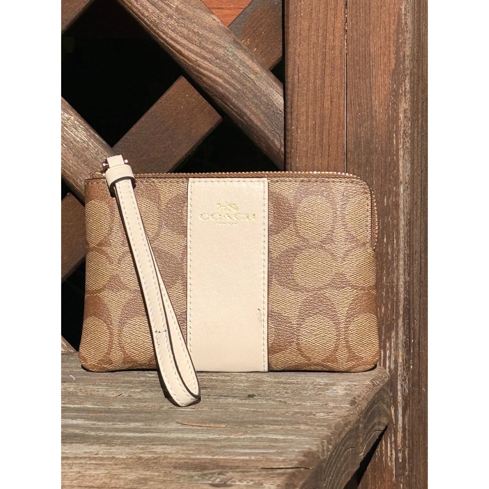Coach Corner Zip Wristlet in Signature Canvas with Stripe Brown Cream Gold